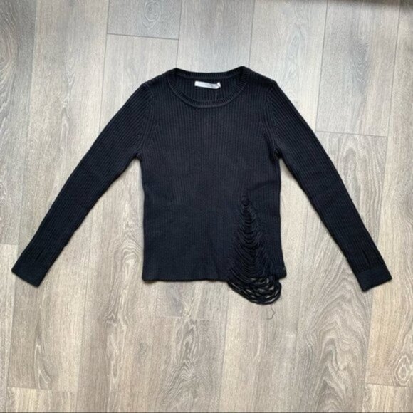 Revolve One Grey Day Robert Sweater Cropped Shredded Knit Crewneck Cotton Black - Picture 6 of 16